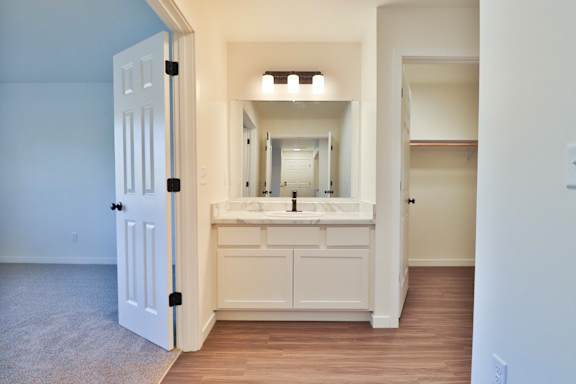 A bathroom with a white vanity and a large mirror.