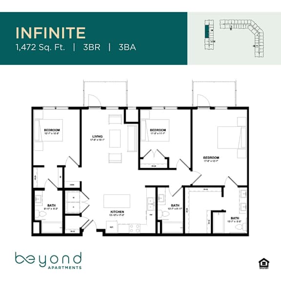 A floor plan for an apartment complex called Infinite is displayed, showing the layout of three bedrooms, living rooms, bathrooms, and kitchens.