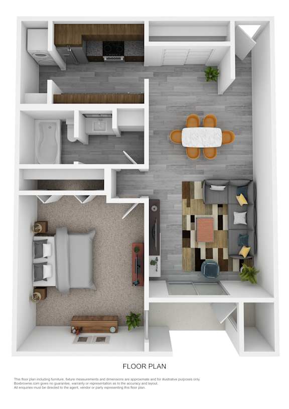 Floor Plan  A floor plan of a small apartment with a kitchen, living room, and bedroom.