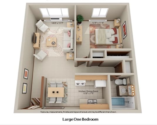 A floor plan of a large one bedroom apartment.