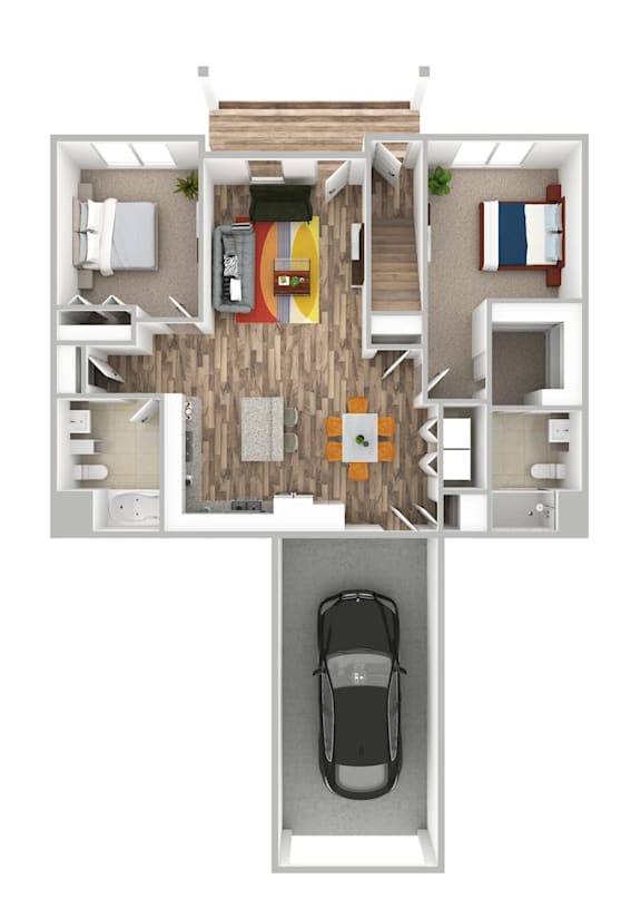 A top down view of a house with a car in the garage.