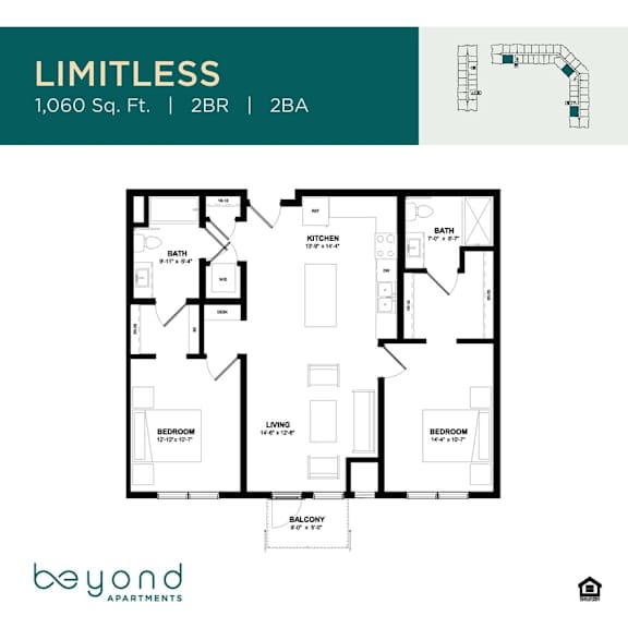 A floor plan for an apartment named Limitless, which is 1,060 square feet and has 2 bedrooms, 2 bathrooms, and a balcony.