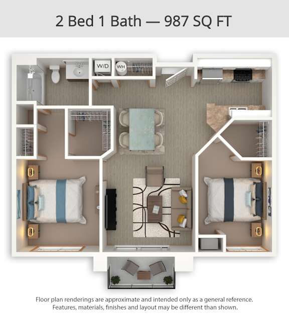 A floor plan of a 2 Bed 1 Bath apartment is 987 square feet.