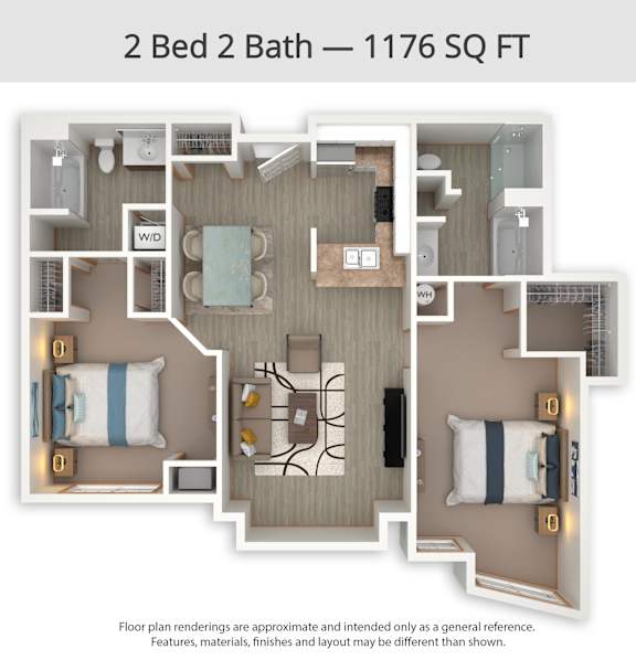 A floor plan of a 2 Bed 2 Bath apartment is 1176 square feet.