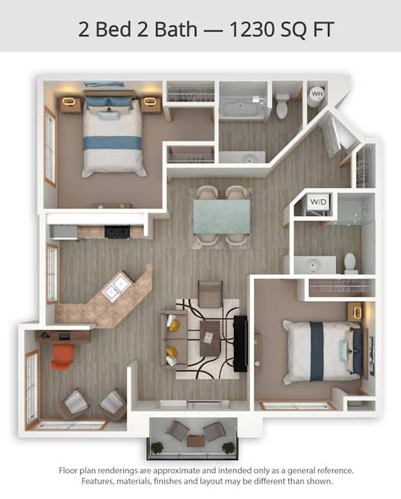 A 2 Bed 2 Bath apartment is 1230 square feet.