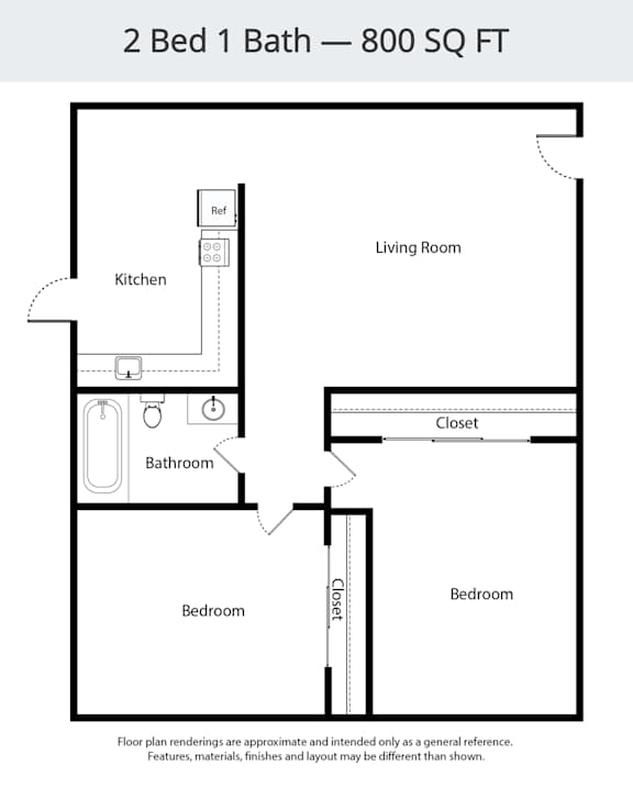 A floor plan for a 2 Bed 1 Bath - 800 SQ FT apartment.