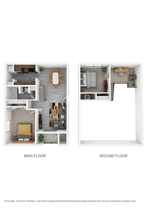 A floor plan of a two-story home with a main floor and a second floor.