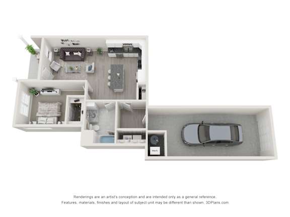 A 3D floor plan of a house with a car parked in the garage.