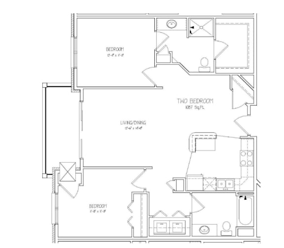 A floor plan of a house with three bedrooms and a living/dining area.
