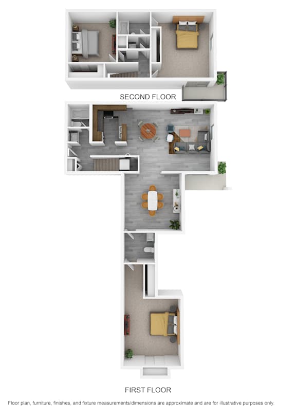A floor plan of a two-story home with a living room, dining room, kitchen, and bedrooms.