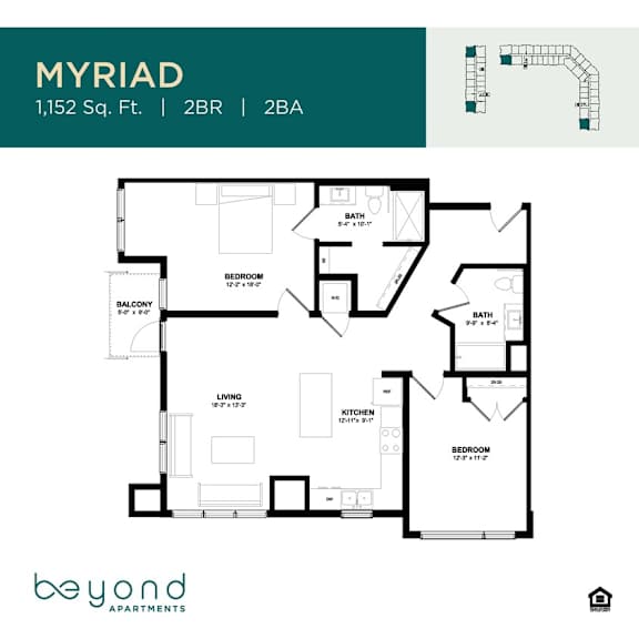 A floor plan for an apartment named MYRIAD, which is 1,152 square feet and has 2 bedrooms, 2 bathrooms, and 2 balconies.