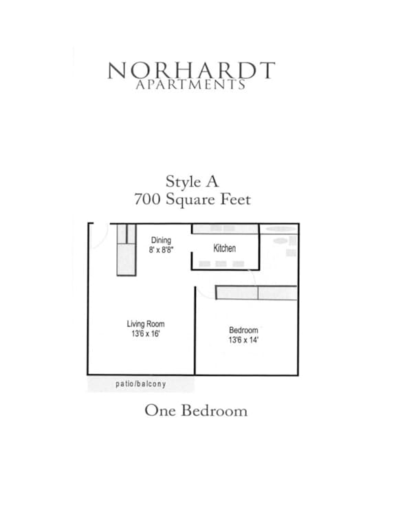 A drawing of a one bedroom apartment with a living room, dining area and kitchen.
