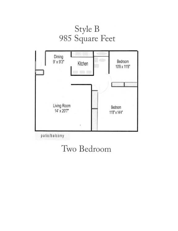 A drawing of a two bedroom apartment with a living room and kitchen.