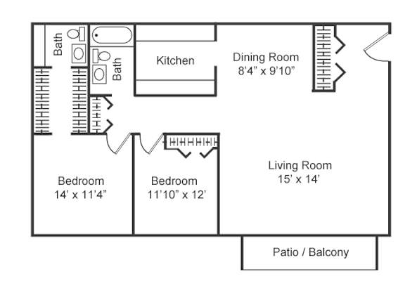 A floor plan of a small apartment with a living room, two bedrooms, a kitchen, a dining room, and two bathrooms.
