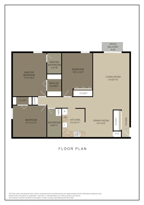 A floor plan of a house with a living room, dining room, kitchen, two bedrooms, a master bathroom, and a walk-in closet.