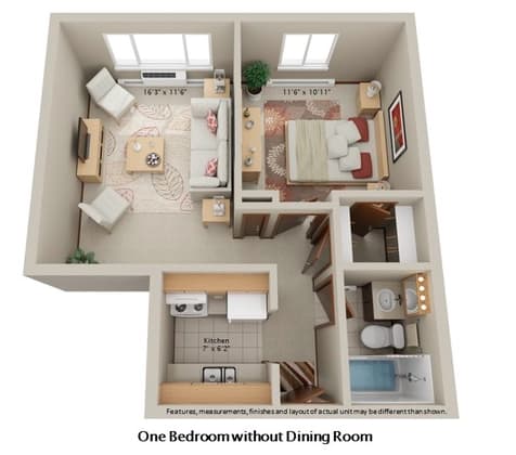 A one bedroom apartment without a dining room is shown in the image.