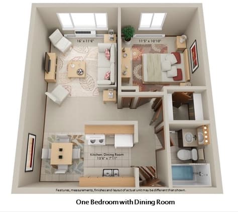 A diagram of a one bedroom apartment with a dining room.