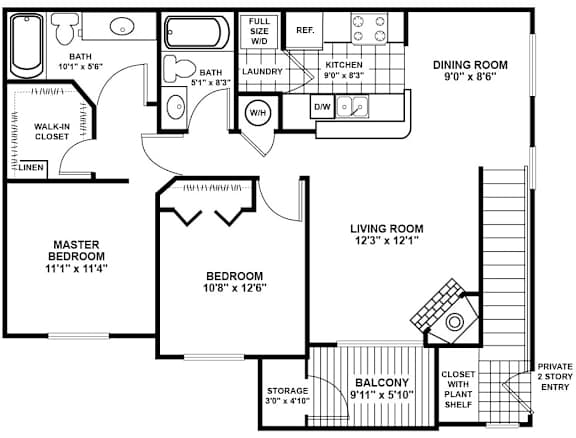 A floor plan of a house with a living room, dining room, kitchen, and three bedrooms.