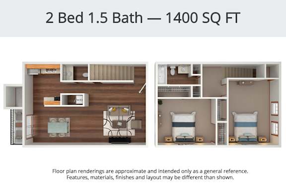 A floor plan for a 2 Bed 1.5 Bath apartment is 1400 square feet.