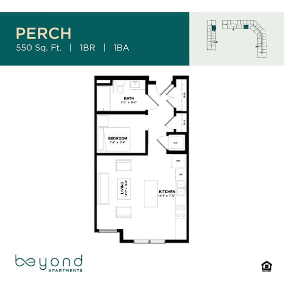 Floor Plan  A floor plan for a perch apartment at Beyond Apartments shows a layout with a bathroom, bedroom, living room, and kitchen.
