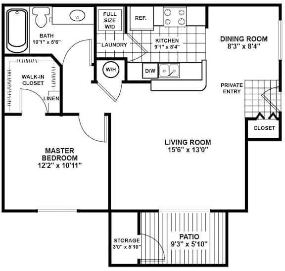 A floor plan of a house with a living room, dining room, kitchen, and bathroom.