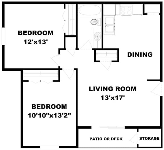 A floor plan of a house with two bedrooms, a living room, a dining area, and storage.
