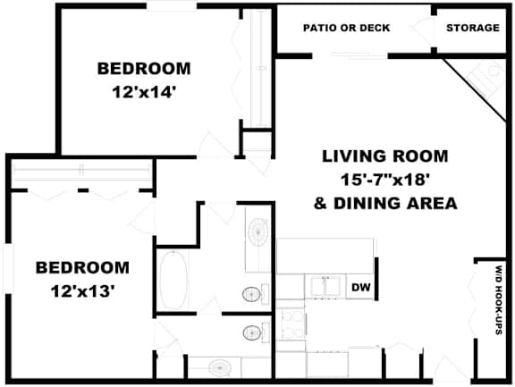 A black and white image of a house floor plan with two bedrooms, a living room, and a dining area.