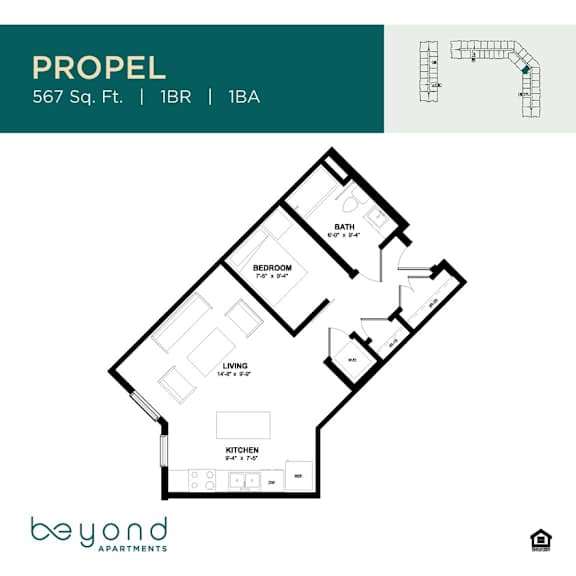A floor plan for a 1 bedroom, 1 bathroom apartment at Beyond Apartments.