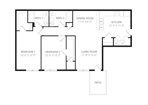 A floor plan of a house with two bedrooms, a living room, a dining room, a kitchen, a bathroom, and a patio.