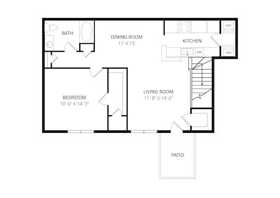 A floor plan of a house with a living room, dining room, kitchen, bedroom, and bathroom.