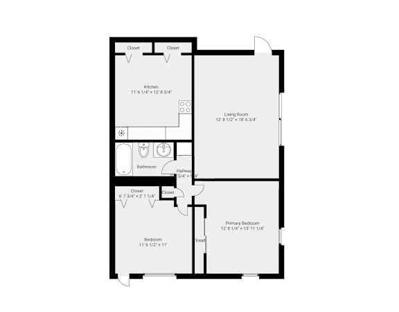 A floor plan of a house with a kitchen, living room, bathroom, and two bedrooms.