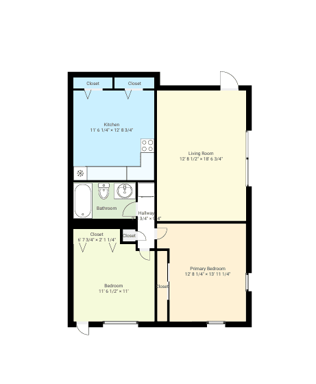 A floor plan of a house with a kitchen, living room, bathroom, and two bedrooms.