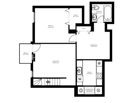 A black and white floor plan of a house with labeled rooms and dimensions.