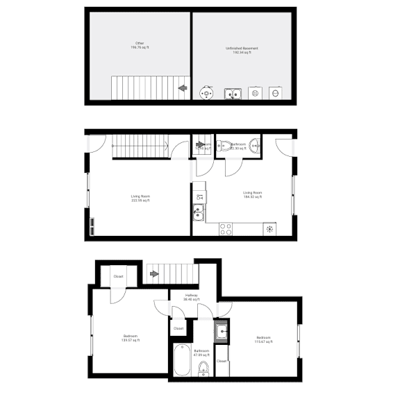 A set of three black and white floor plans for a house.