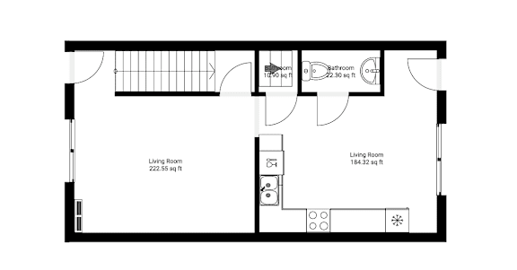 A black and white image of a floor plan for a living room, kitchen, and bathroom.