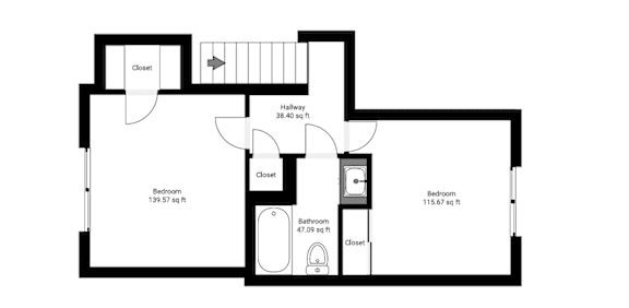A floor plan of a house with three bedrooms, a bathroom, and a hallway.