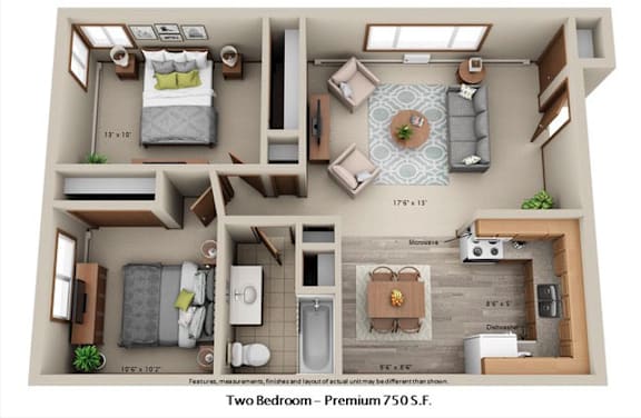 A floor plan of a two bedroom apartment with a living room and kitchen area.