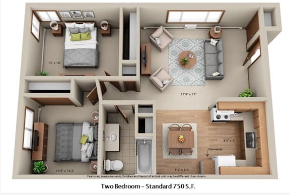 A floor plan of a two bedroom, standard 750 square feet apartment.