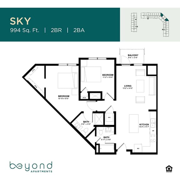 A floor plan for an apartment named Sky at 994 Sq. Ft. with 2 Bedrooms and 2 Bathrooms.