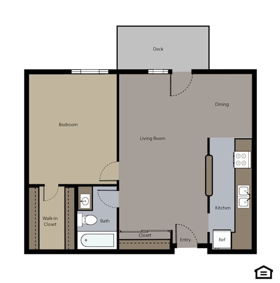 A floor plan of a house with a bedroom, living room, kitchen, bathroom, and dining area.