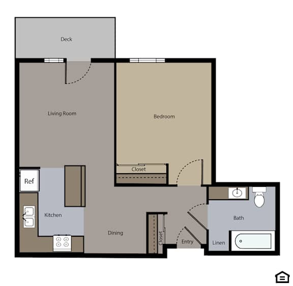 A floor plan of a house with a deck, living room, bedroom, kitchen, dining area, bathroom, closet, and entry.