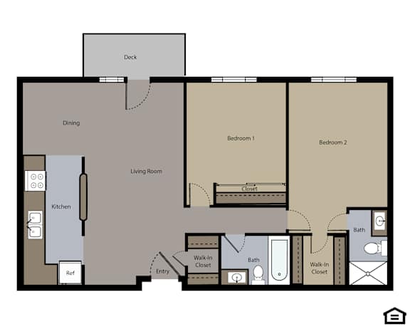 A floor plan of a house with two bedrooms, a living room, a dining area, a kitchen, a bathroom, a deck, and a walk-in closet.