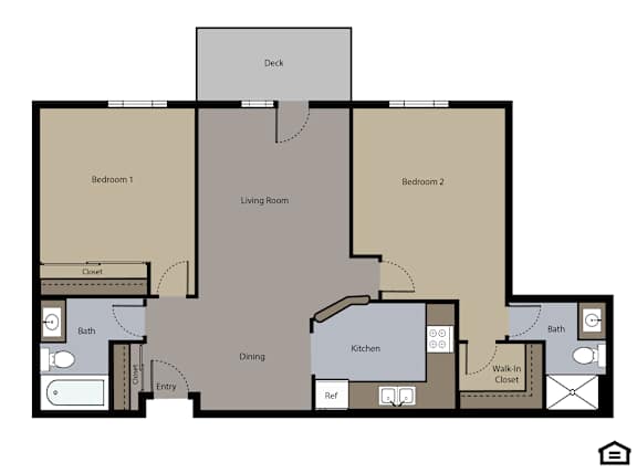 A floor plan of a house with two bedrooms, a living room, a dining area, a kitchen, a bathroom, a closet, a walk-in closet, and an entry.