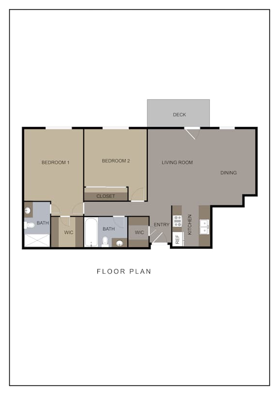 A floor plan of a house with two bedrooms, a living room, a dining area, a bathroom with a WC, a cloakroom, and a deck.