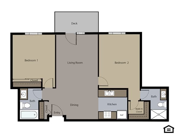 A floor plan of a house with two bedrooms, a living room, a kitchen, a dining area, a bathroom, a closet, and a deck.