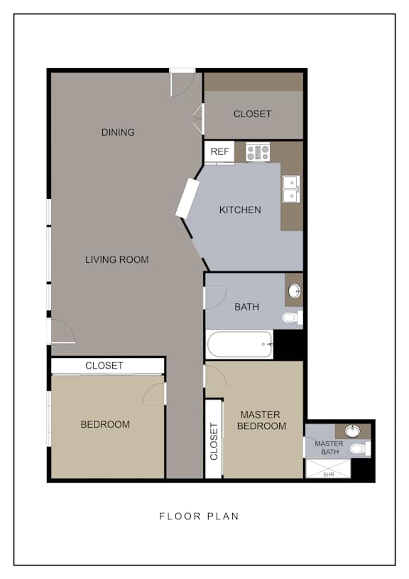 A floor plan of a house with a living room, dining area, kitchen, two bedrooms, and two bathrooms.