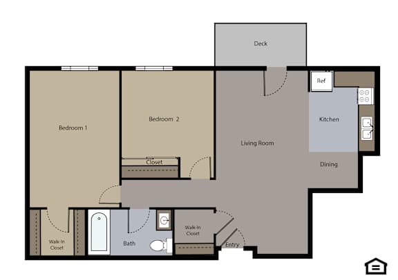 A floor plan of a house with two bedrooms, a living room, a kitchen, a dining area, a bathroom, and a deck.