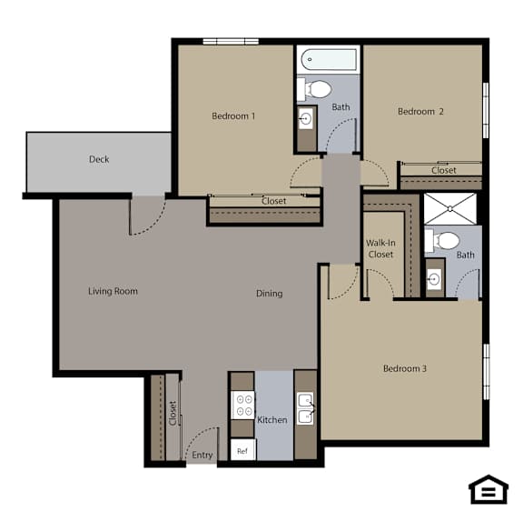 A floor plan of a house with three bedrooms, a living room, a dining area, a kitchen, a deck, and an entry.