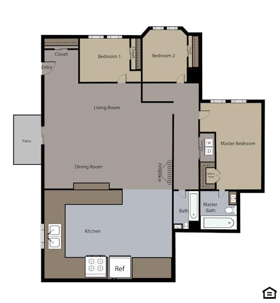 A floor plan of a house with a living room, dining room, kitchen, two bedrooms, a master bedroom with a bath, a closet, and a patio.