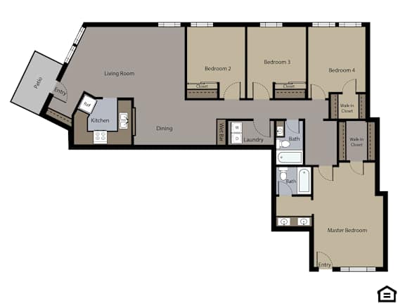 A floor plan of a house with a living room, kitchen, dining room, and four bedrooms.
